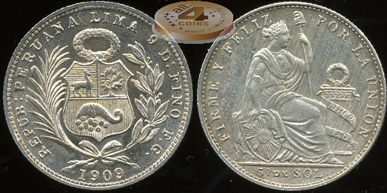 Перу. 1/5 соля. 1909 (aXF. Серебро)