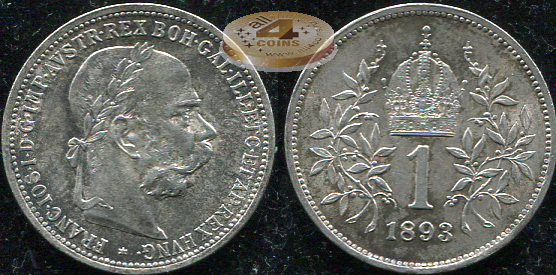 Австро-Венгрия (Австрия). 1 крона. 1893 (aUnc++. Серебро)
