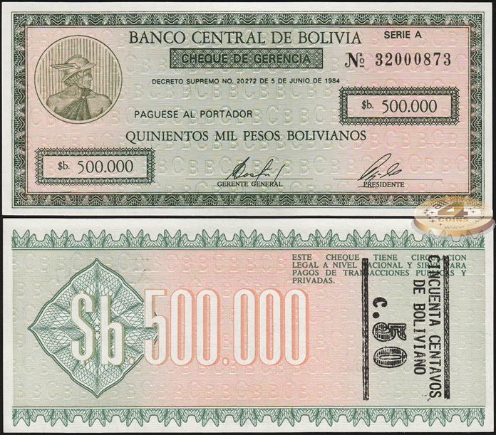Боливия. 50 центаво (надпечатка, Unc) 1987