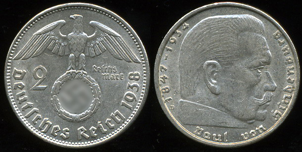 Германия (3й рейх). 2 марки. 1938 (aUnc. Серебро)