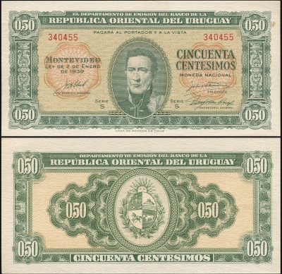 Уругвай Банкнота 50 центезимо L.02.01.1939 Unc Бумага Кат# P.34