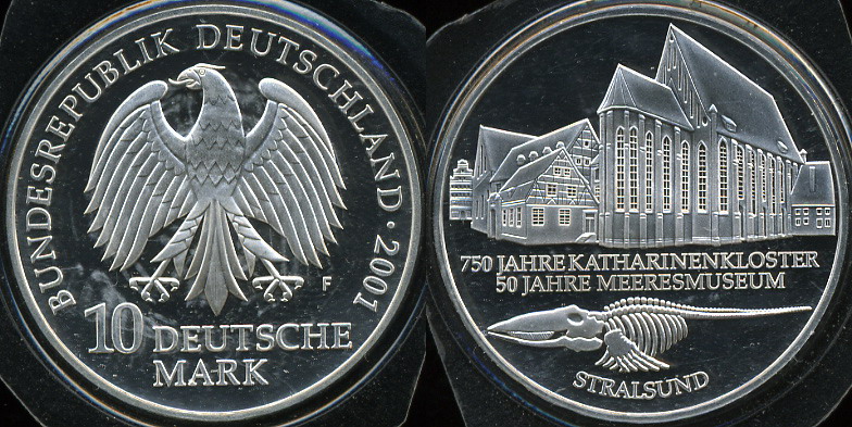 Германия (ФРГ). 10 марок. 2001 (F) (Proof. Серебро)