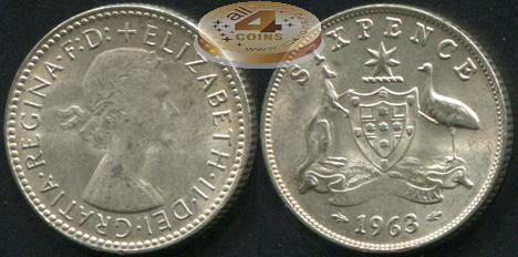 Австралия. 6 пенсов. 1963 (aUnc. Серебро)