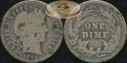 США. 10 центов (Дайм). 1914 (G/AG. Серебро)