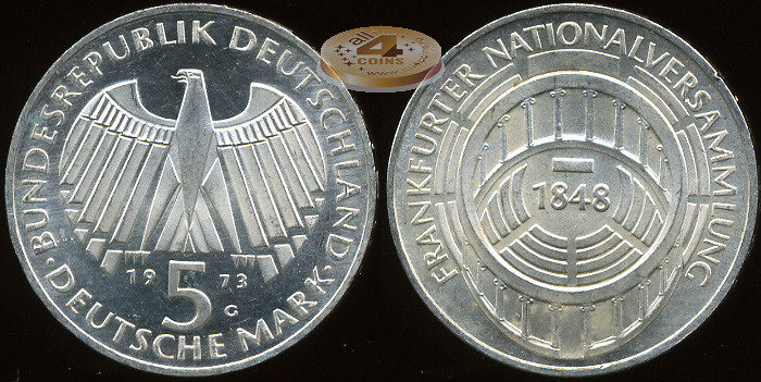 Германия (ФРГ). 5 марок. 1973 (Proof-. Серебро)