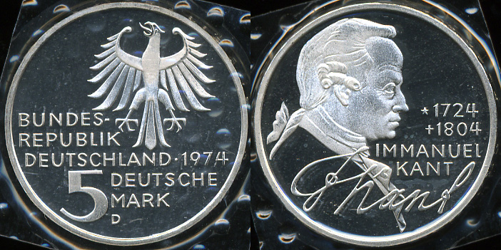 Германия (ФРГ). 5 марок. 1974 D (Proof) Серебро