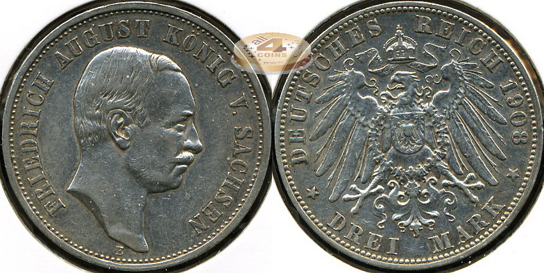 Германия (Саксония). 3 марки. 1908 E (VF. Серебро)