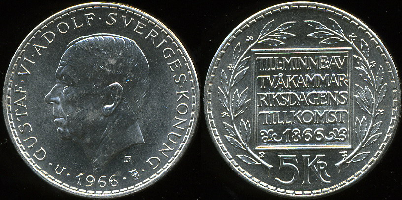 Швеция. 5 крон. 1966 (Unc. Серебро)