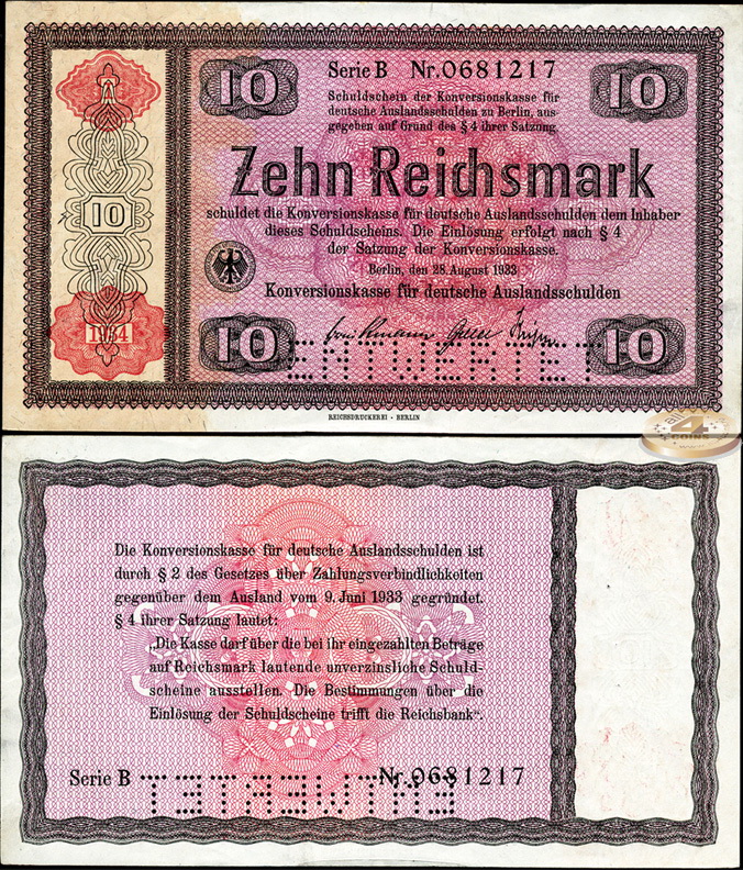 Германия (3й рейх). 10 рейхсмарок (Unc-) 1934