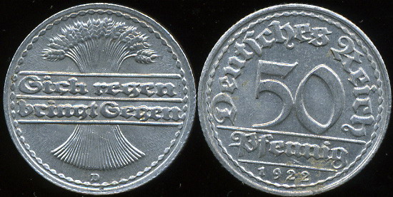 Германия (Веймар). 50 пфеннигов. 1922 (Unc)