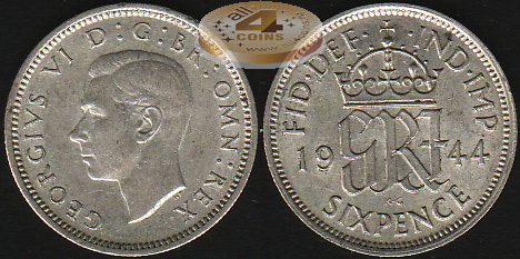 Великобритания. 6 пенсов. 1944 (aUnc. Серебро)