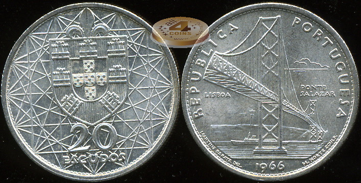Португалия. 20 эскудо. 1966 (Unc. Серебро)