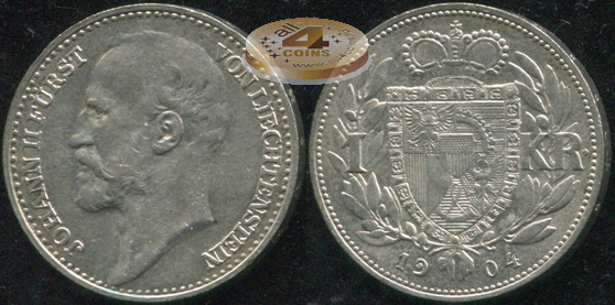 Лихтенштейн. 1 крона. 1904 (XF/aUnc. Серебро)