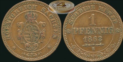 Германия (Саксония). 1 пфенниг. 1863 (XF+)