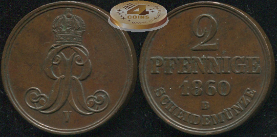 Германия (Ганновер). 2 пфеннига. 1860.В (XF/VF+)