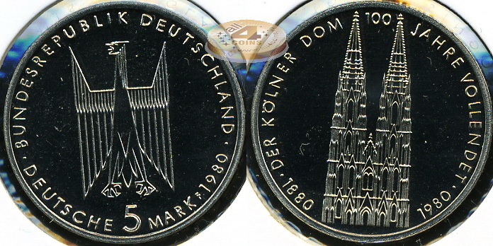 Германия (ФРГ). 5 марок. 1980F (Proof)