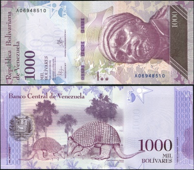 Венесуэла. Банкнота 1000 боливаров. 18.08.2016(2017). Unc. Бумага. Кат.# P.95a [Prefix A]