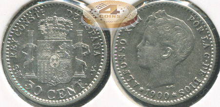 Испания. 50 центимов. 1900 (aXF. Серебро)