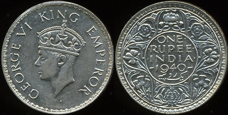 Британская Индия. 1 рупия. 1940 (aUnc. Серебро)