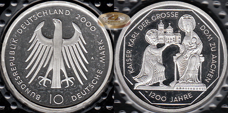 Германия (ФРГ). 10 марок. 2000 А (Proof. Серебро)