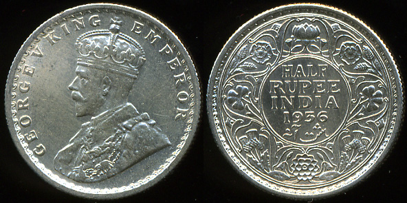 Британская Индия. 1/2 рупии. 1936 (aUnc. Серебро)