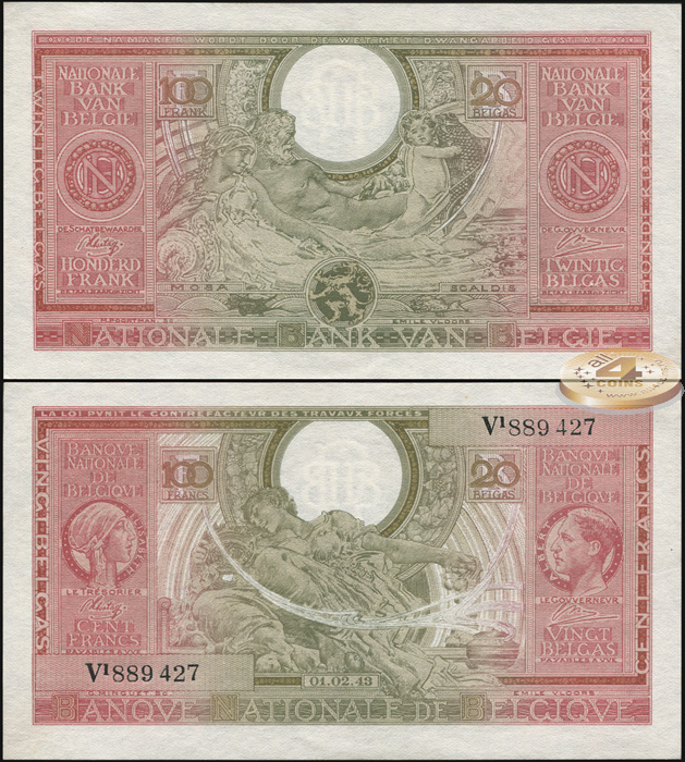Бельгия. 100 франков - 20 белгов (Unc) 1944