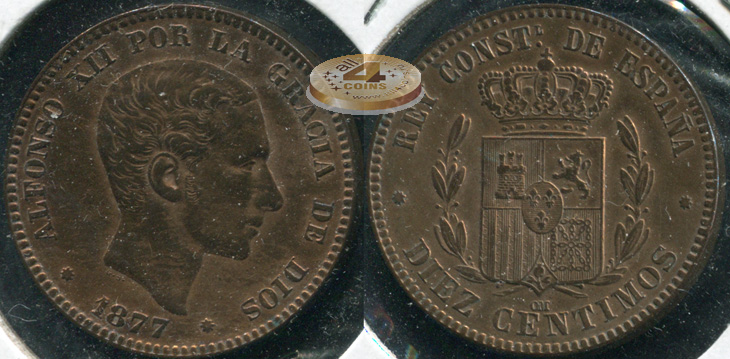 Испания. 10 центимов. 1877.OM (XF)