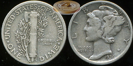 США. 10 центов (Дайм). 1936 (VF. Серебро)