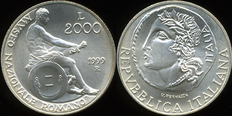 Италия. 2000 лир. 1999 (Unc. Серебро)