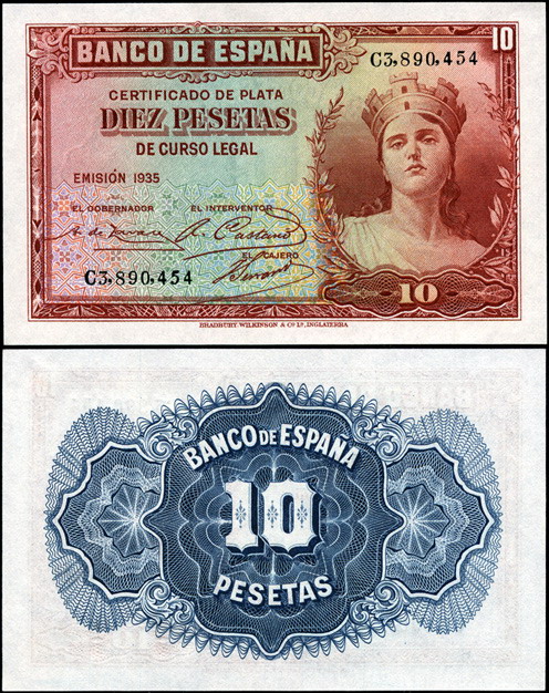 Испания. 10 песет (Unc) 1935