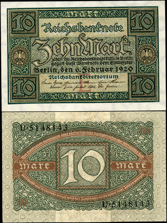 Германия (Веймарская респ.). 10 марок (aUnc+) 1920