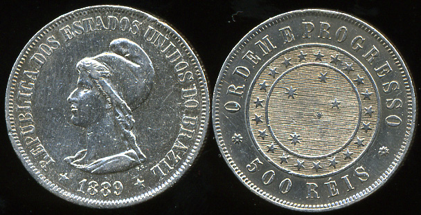 Бразилия. 500 рейс. 1889 (Серебро)