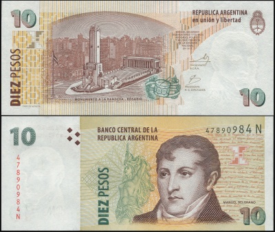 Аргентина. Банкнота 10 песо. ND(2012). Unc. Бумага. Кат.# P.354a [Serie N]