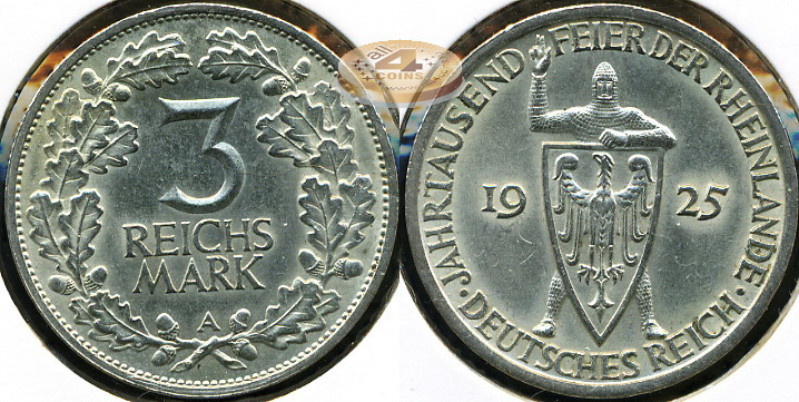 Германия (Веймар). 3 марки. 1925 A (Unc. Серебро)