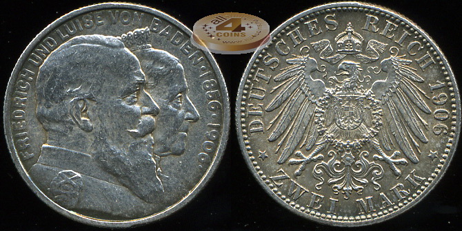 Германия (Баден). 2 марки. 1906 (G) (Unc. Серебро)