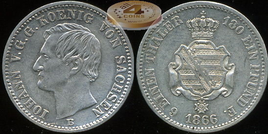 Германия (Саксония). 1/6 талера. 1866 (XF. Серебро)