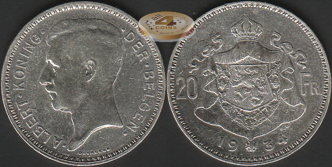 Бельгия. 20 франков. 1934 (VF. Серебро)