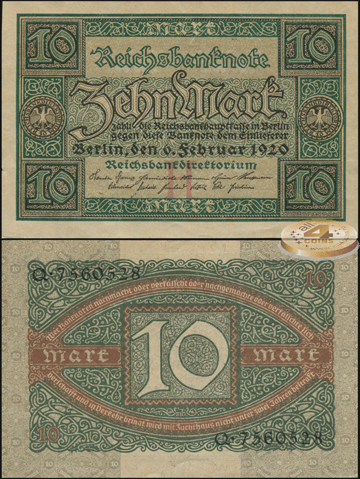 Германия (Веймарская респ.). 10 марок (Unc) 1920