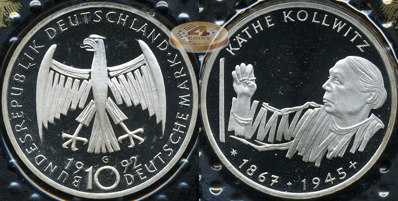 Германия (ФРГ). 10 марок. 1992 G (Proof. Серебро)