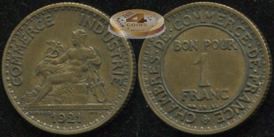 Франция. 1 франк. 1921 (aUnc)