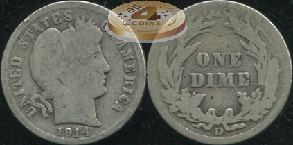 США. 10 центов (Дайм). 1914.D ( G/AG. Серебро)