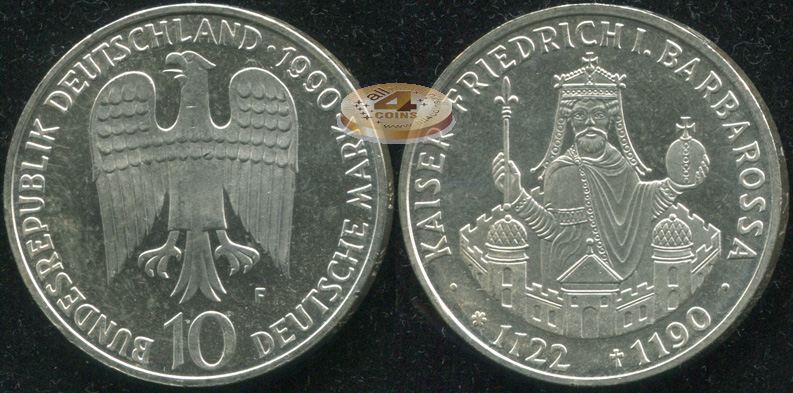 Германия [ФРГ]. 10 марок. 1990.F (Proof-. Серебро)