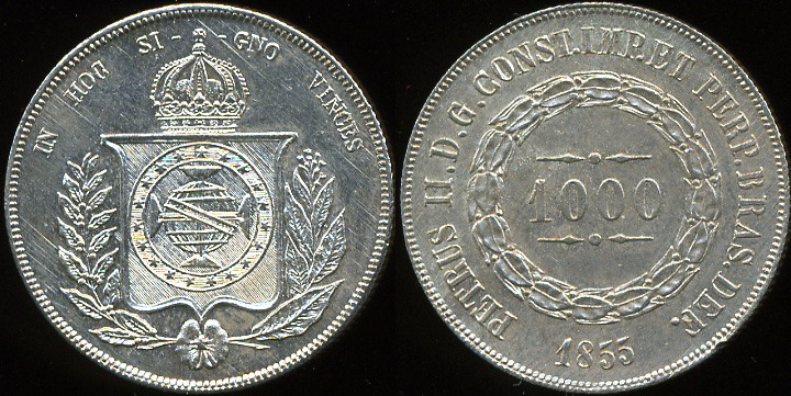 Бразилия. 1000 рейс. 1855 (Unc. Серебро)