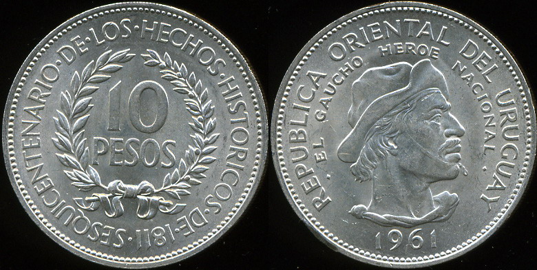 Уругвай. 10 песо. 1961 (aUnc. Серебро)