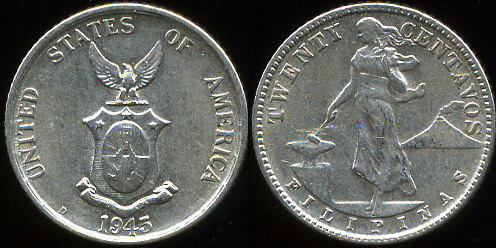 Филиппины. 20 центаво. 1945 (Серебро)