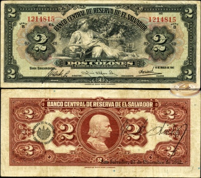 Сальвадор. Банкнота 2 колона. 23.12.1942. VF. Бумага. Кат.# P.76  Редкая