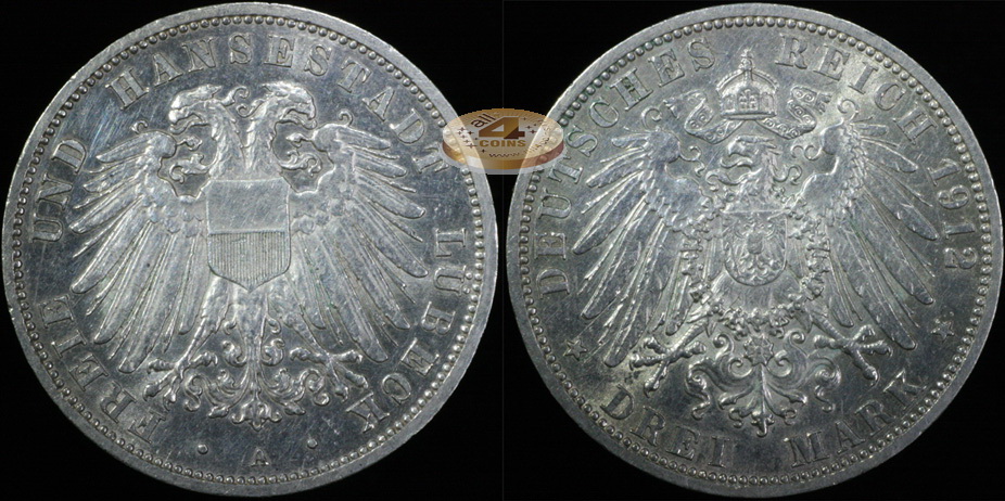 Германия (Любек). 3 марки. 1912 A (XF+. Серебро)