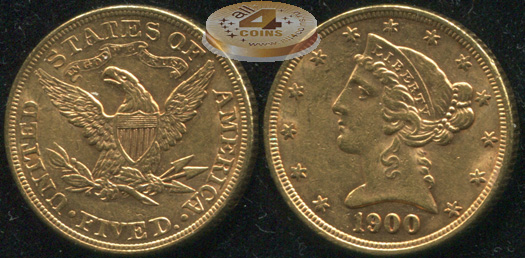 США. 5 долларов. 1900 (XF. Золото)