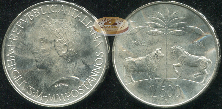 Италия. 500 лир. 1981 (Unc. Серебро)
