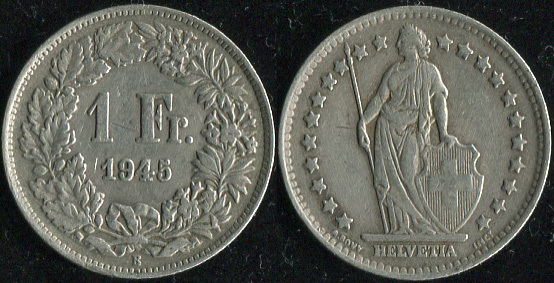 Швейцария. 1 франк. 1945 (XF. Серебро)